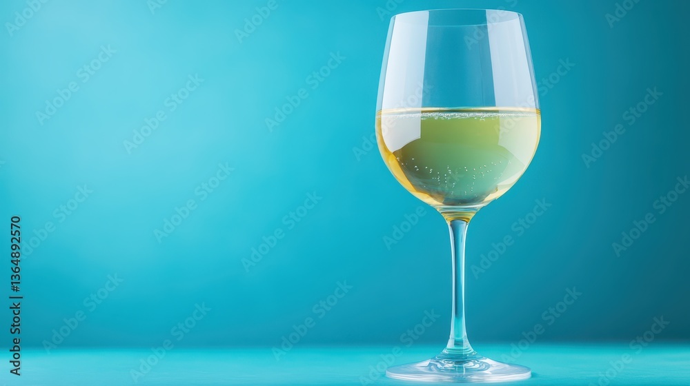 Fototapeta premium A clear wine glass sits elegantly on a surface, showcasing a bubbly golden drink. The vibrant blue background adds a touch of sophistication to the festive atmosphere