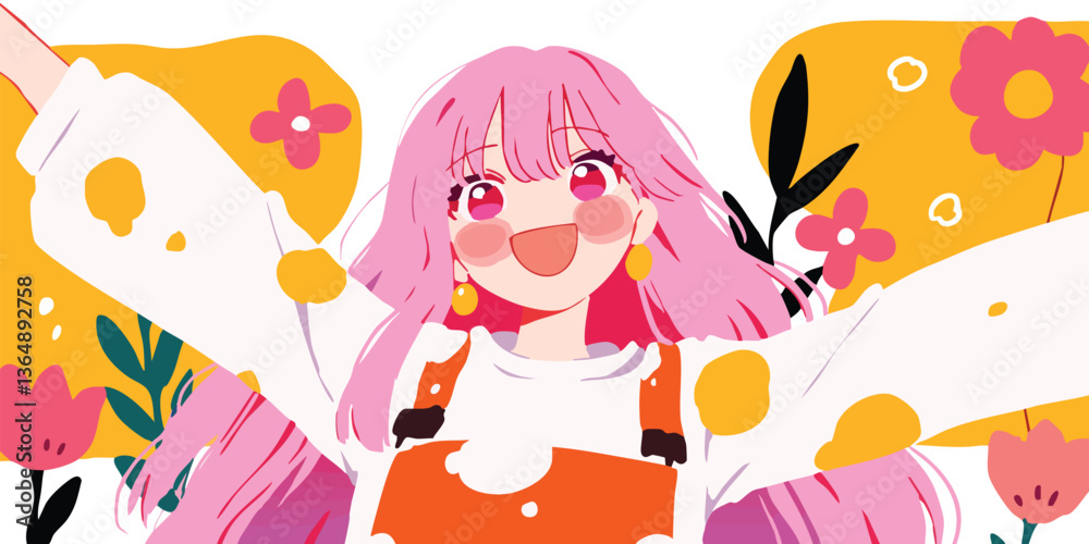 Fototapeta premium A cheerful illustration of a happy girl, her pink hair cascading around her, exuding joy and exuberance within a vibrant, floral backdrop. Capturing the essence of happiness.