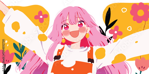 A cheerful illustration of a happy girl, her pink hair cascading around her, exuding joy and exuberance within a vibrant, floral backdrop. Capturing the essence of happiness.