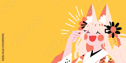 A joyful, cartoon-style fox girl, inspired by Japanese aesthetic, beams with delight against a warm yellow backdrop. A visual celebration of happiness and cultural expression.