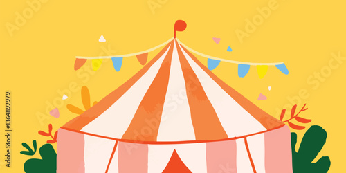 An illustrated circus tent with red and white stripes and festive flags, set against a sunny yellow backdrop, invites viewers into a world of joy and wonder.