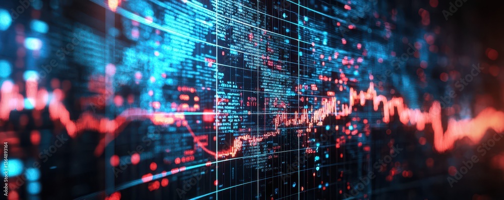 Naklejka premium A vibrant digital representation of data trends, featuring blue and red graphs overlaid on dark grids, exemplifying technology and data analysis.