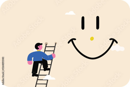 Striving for Happiness: Man Climbs Ladder Towards Giant Smile, Symbolizing the Pursuit of Joy and Positive Outlook