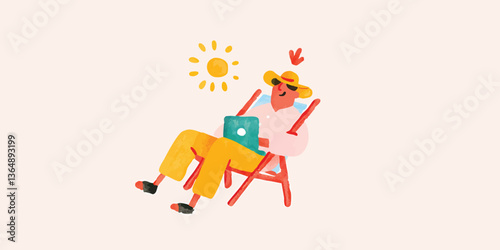 A relaxed individual wearing sunglasses and a hat is immersed in work while reclining on a beach chair, with a laptop in hand, basking in the sun's warmth.