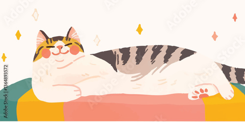 A serene cartoon cat is a symbol of peace and contentment, basking in a state of pure joy.