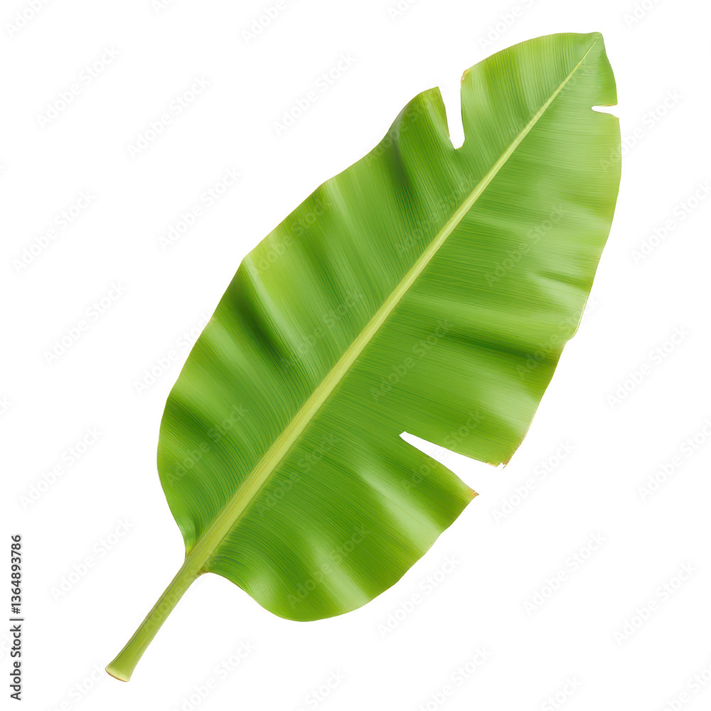 Fototapeta premium Single Lush Green Banana Leaf Isolated on Black Background