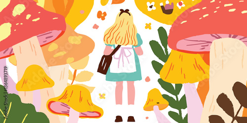 A whimsical illustration of Alice's journey in a fantastical mushroom wonderland, depicting a colorful scene.