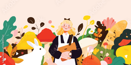 Alice In Wonderland Fantasy Illustration. Featuring Alice holding a clipboard, and a rabbit with surrounding plants. This whimsical art piece sparks the imagination and tells a timeless story.