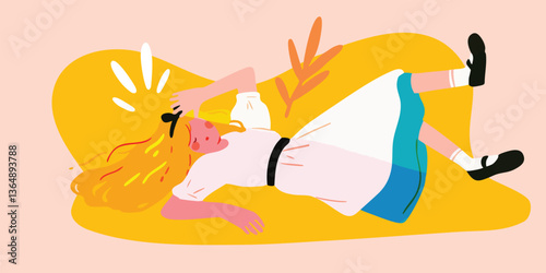 Alice lying down in a vibrant illustrative art, depicts a fantasy world where an adventurous girl from wonderland takes a moment of rest in a dreamy backdrop.