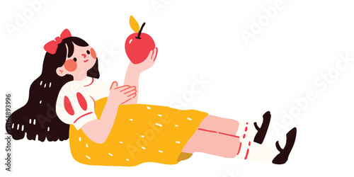 A whimsical illustration of a girl gazes at a vibrant red apple in anticipation. Evoking the storybook charm and childhood imagination.