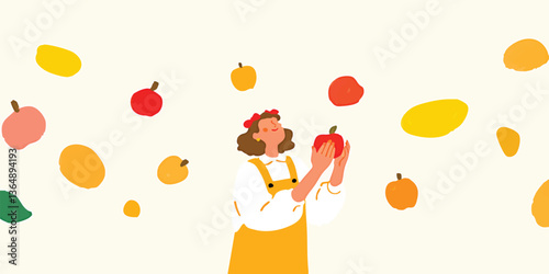 A woman inspects a red apple, surrounded by a whimsical array of fruit illustrations, creating a vibrant and joyful image.