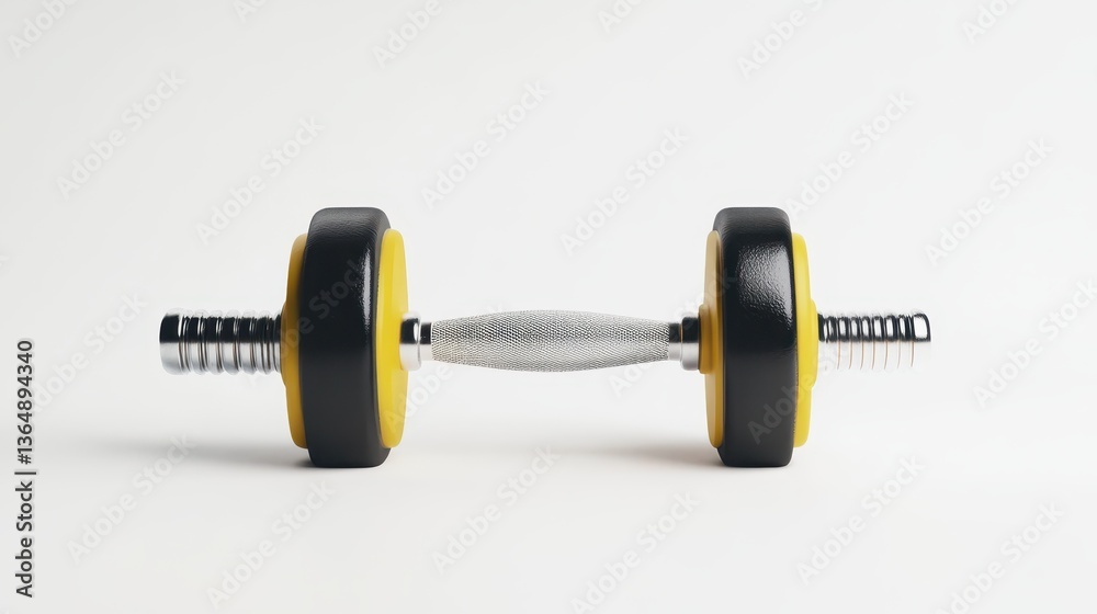 Fototapeta premium A dumbbell featuring yellow weight plates is positioned on a clean white surface, making it ideal for workout routines or strength training exercises at home or a gym