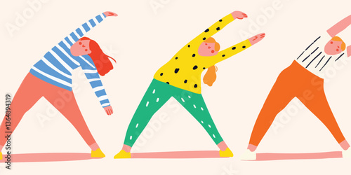 Dynamic figures engage in yoga, harmonizing movement with mindful breathing. Energetic individuals embrace well-being, expressing a sense of unity.