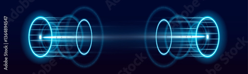 Futuristic neon portal with glowing energy circles. Sparks highlight the teleportation process in a high-tech style. Vector illustration for gamers.
