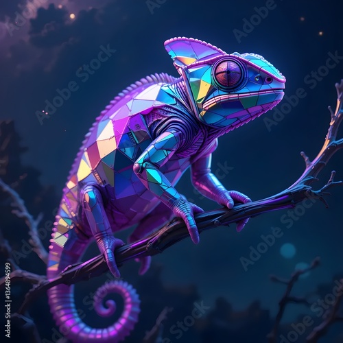 Stunning Low-Poly Holographic Chameleon with Neon Colors - 3D Futuristic Polygonal Art