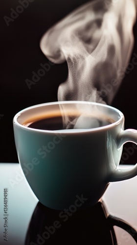A steaming cup of coffee sits on a table, radiating warmth in a cozy indoor environment. The rich aroma fills the air, inviting relaxation and comfort during the early hours of the day