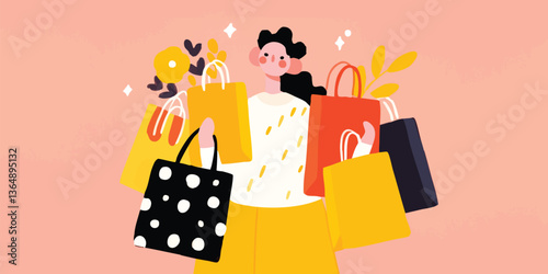 A cheerful shopper, her arms laden with colorful shopping bags, exudes joy and anticipation, celebrating the delight of retail therapy.