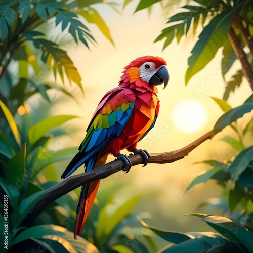 Stunning Low-Poly Parrot in Tropical Jungle - 3D Polygonal Bird Art