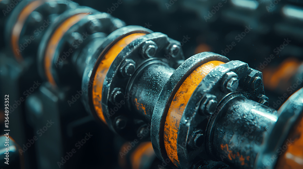 Obraz premium Close-up of industrial machinery showing interconnected metal components with orange accents, emphasizing details and texture.