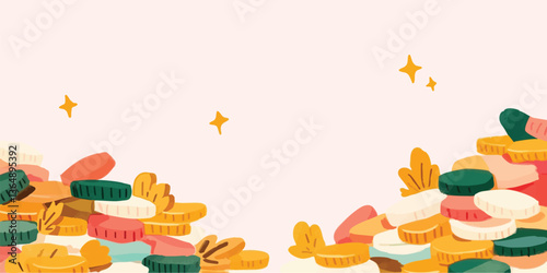 A cartoon-style image, stacks of coins create an aesthetic presentation, suggesting wealth, fortune, and financial success. Ideal for illustrations of finance, savings, and investment concepts. 