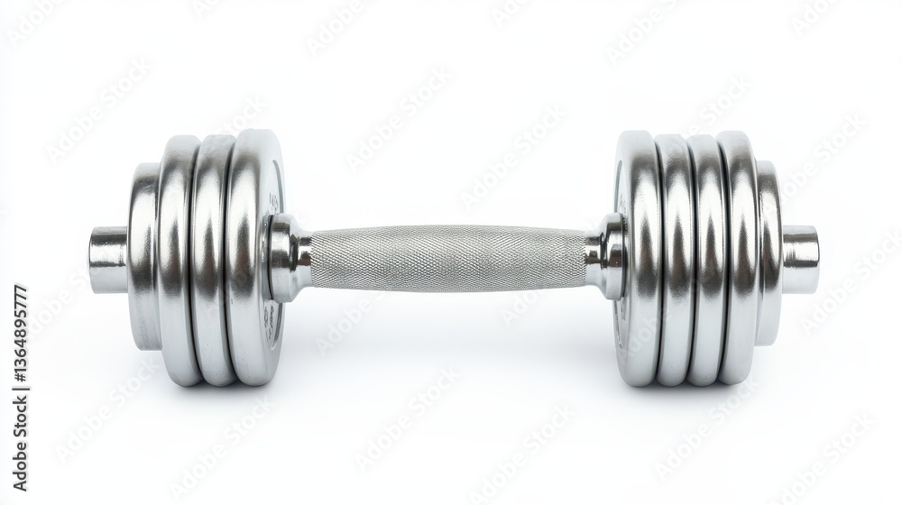 Naklejka premium A silver dumbbell rests on a plain white surface, highlighting its shiny metal finish and textured grip. Ideal for strength training and fitness routines