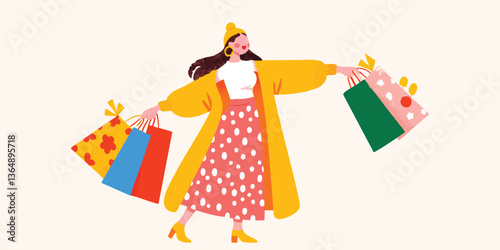 A vibrant illustration captures the joy of a woman enjoying shopping, holding colorful shopping bags, with a dynamic pose and fashionable attire.