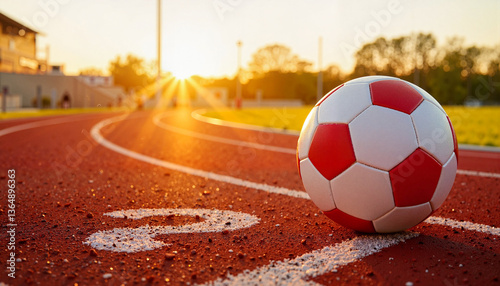 Soccer ball resting on track under sunset, sports training atmosphere