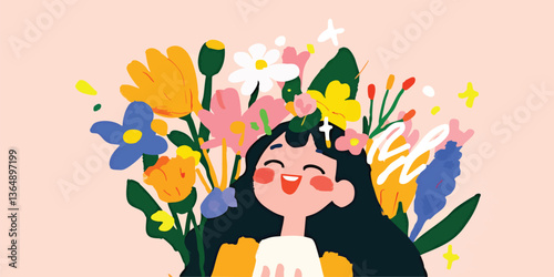 A cheerful young girl, radiating joy, is adorned with a vibrant crown of blooming flowers, set against a pastel backdrop of happiness. 