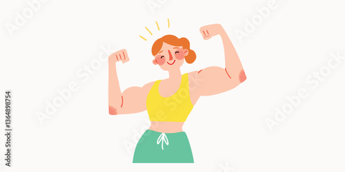 An illustration of a happy woman flexing her muscles, exuding strength and confidence, symbolizing empowerment and wellness.