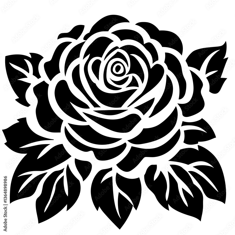 Idea for tattoo. Black and white rose with a stem. The rose is the main focus of the image. The flower is surrounded by leaves, which are also black and white. Scene is elegant and sophisticated Idea for tattoo. Black and white rose with a stem. The rose is the main focus of the image. The flower is surrounded by leaves, which are also black and white. Scene is elegant and sophisticated