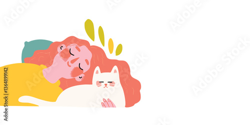 A serene illustration captures the tender moment of a woman and her cat embracing, radiating a sense of peace and companionship.