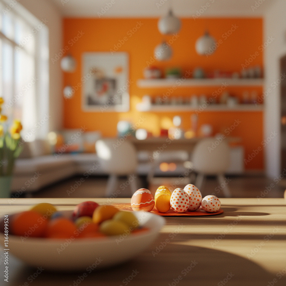 easter feast with fast food produscts, front view, orange room in the background, blurry home room, orange easter eggs