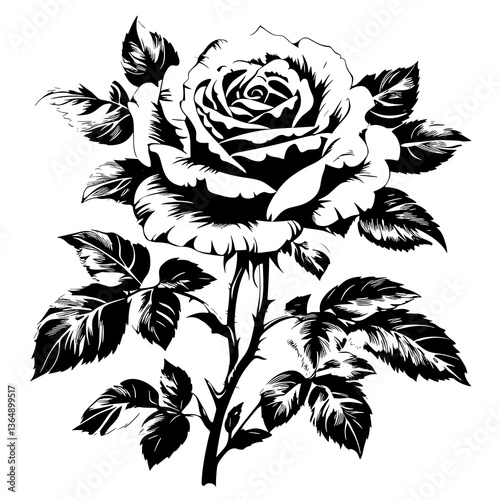 Wallpaper Mural Idea for tattoo. Black and white rose with a stem. The rose is the main focus of the image. The flower is surrounded by leaves, which are also black and white. Scene is elegant and sophisticated Torontodigital.ca