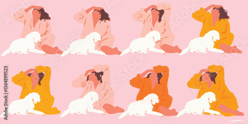 A set of illustrations shows the warmth of connection, as a person and dog snuggle in a moment of serenity. Each image embodies a sense of peace.