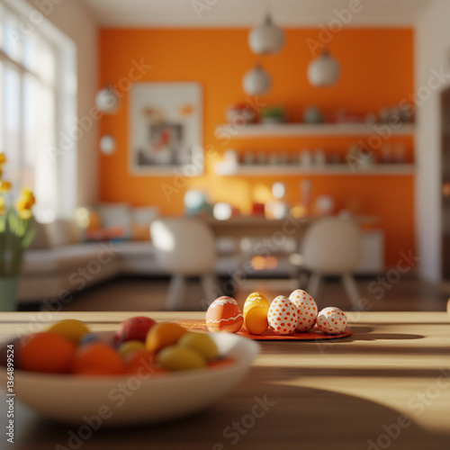 Obraz na płótnie easter feast with fast food produscts, front view, orange room in the background, blurry home room, orange easter eggs w salonie