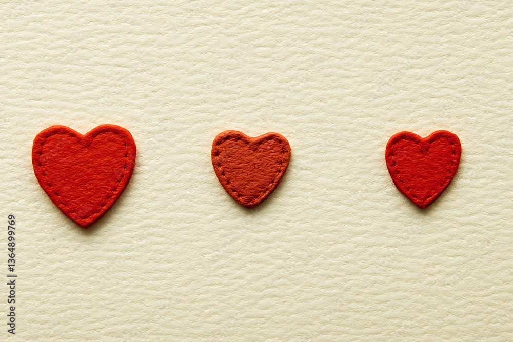 Three red heart shaped cutouts on a textured background Three red heart shaped cutouts on a textured background