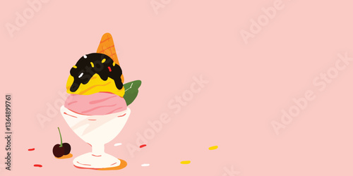 A delectable ice cream sundae, artfully arranged in a photorealistic style, tantalizes the viewer with its inviting colors and textures, representing the essence of a sweet indulgence.