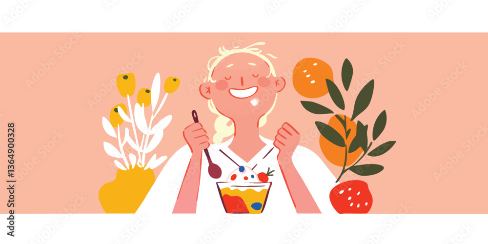 Fototapeta premium A cheerful woman savors a bowl of fresh fruit, embracing a healthy lifestyle amid vibrant floral and botanical elements in an illustrated image, capturing a moment of pure happiness.