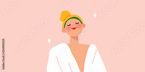 A radiant woman exudes serenity, wrapped in a soft robe, her eyes gently closed, radiating peace and contentment, with a touch of glamour. 