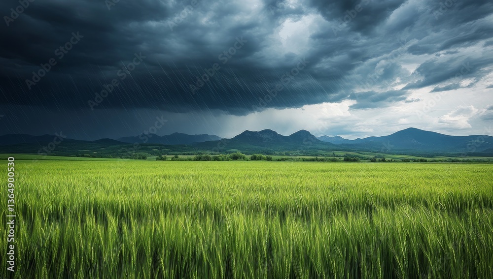 Fototapeta premium A large green field with dark storm clouds in the background and mountains in the distance.