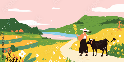 A tranquil illustration of a farmer with a cow. A serene illustration showing a farmer leading a cow along a path, with verdant landscapes and soft colors that evokes a sense of peace and simplicity.