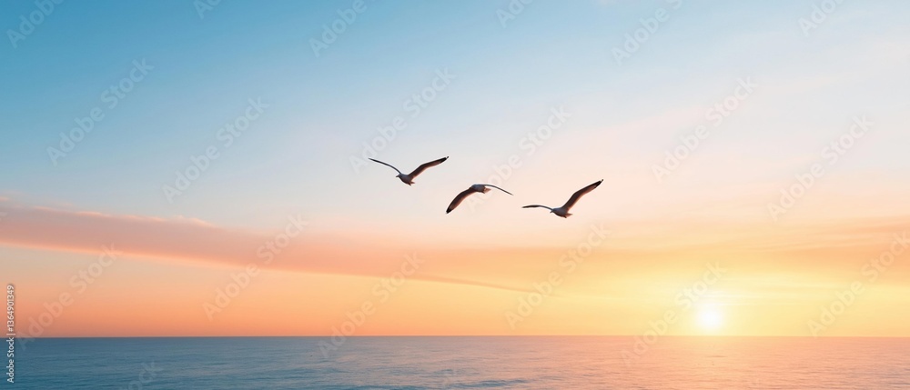 Fototapeta premium Three seagulls flying over the ocean at sunset. the sky is a beautiful shade of orange and pink, with the sun partially visible on the right side of the image.