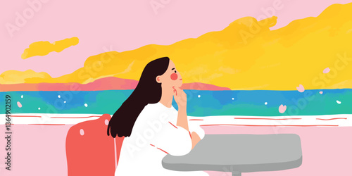 An Illustrated Moment: A contemplative woman gazes towards the horizon, the watercolor style evokes a sense of tranquility, capturing a dreamlike ambiance.