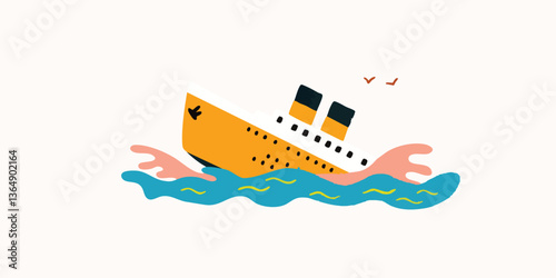 A stylized illustration depicts a sinking ship amidst rolling waves, evoking a sense of drama and the vastness of the sea. 
