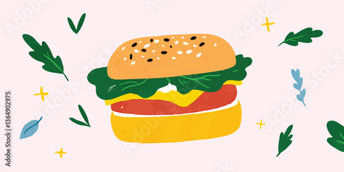 A delicious and appetizing burger. This mouthwatering illustration captures the essence of the perfect burger, showcasing its fresh ingredients and appealing design.