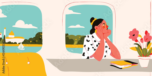 A woman looks out from a window, dreaming of travel with illustrated landscapes and floral accents.