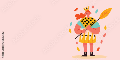 A vibrant illustration showcasing a queen character adorned with a crown, gracefully holding a symbolic feather. A touch of whimsy and regal elegance defines this captivating work of art.