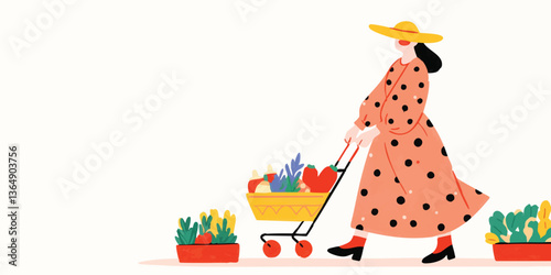 A stylish woman strolls through a bustling marketplace, her cart laden with fresh produce. This illustration encapsulates the essence of everyday life, blending style and practicality.