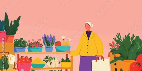 A senior woman selects fresh produce from a vibrant, sunlit market stall, laden with a cornucopia of fruits and vegetables, exemplifying the joy of community and wholesome living.