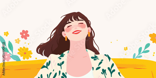 An illustration captures the essence of happiness and serenity through the depiction of a beautiful woman basking in sunshine.